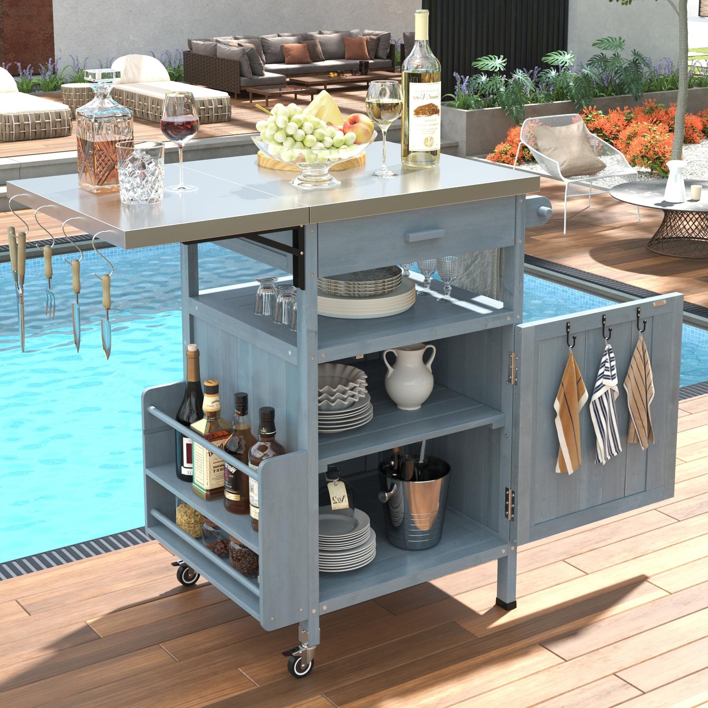 Trygoal Outdoor Grill Cart with Stainless Steel Top, 40.5”Solid Wood BBQ Prep Table for Pizza Oven, Mobile Outdoor Kitchen Island with Drop Leaf, Storage Cabinet, Towel Rack & Spice Holder for Patio