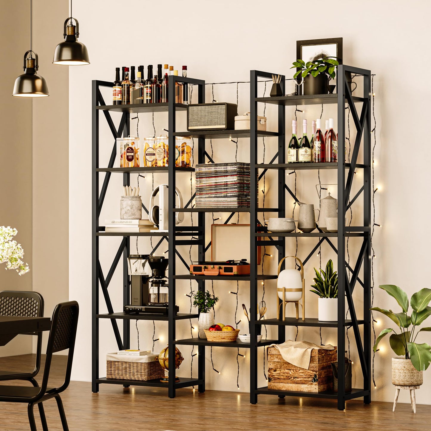 IDEALHOUSE Triple 5 Tier Bookshelf, Tall Bookcases with 14 Open Display Shelves, Industrial Wide Book Shelf with Metal Frame, Large Open Shelves for Bedroom, Living Room, Home Office, Black