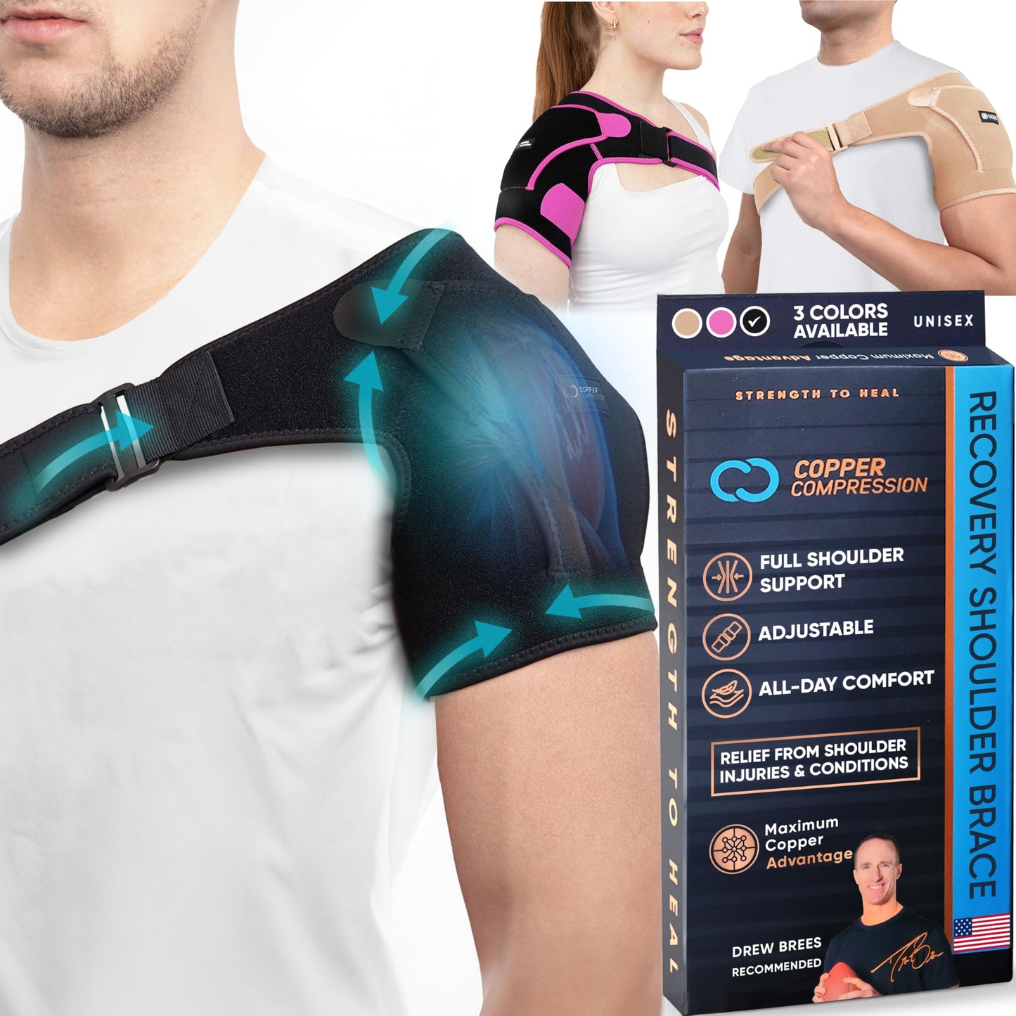 Copper Compression Recovery Shoulder Brace - Immobilizer for Torn Rotator Cuff, AC Joint Pain Relief, Dislocation, Arm Stability, Injuries, Tears - Adjustable Fits Men, Women - Black Plus Size - L/XL