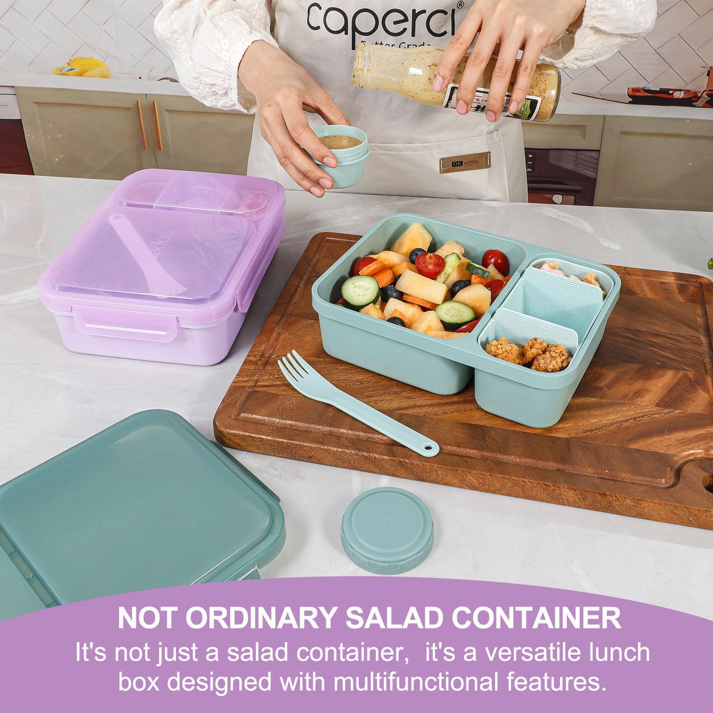 Caperci 2 Pack Salad Containers - Extra-Large 62 oz Bento Lunch Box for Adults, 2-Compartment Meal Prep Container with Removable Toppings Tray, Sauce Cup, Reusable Fork, BPA-Free (Purple & Green)