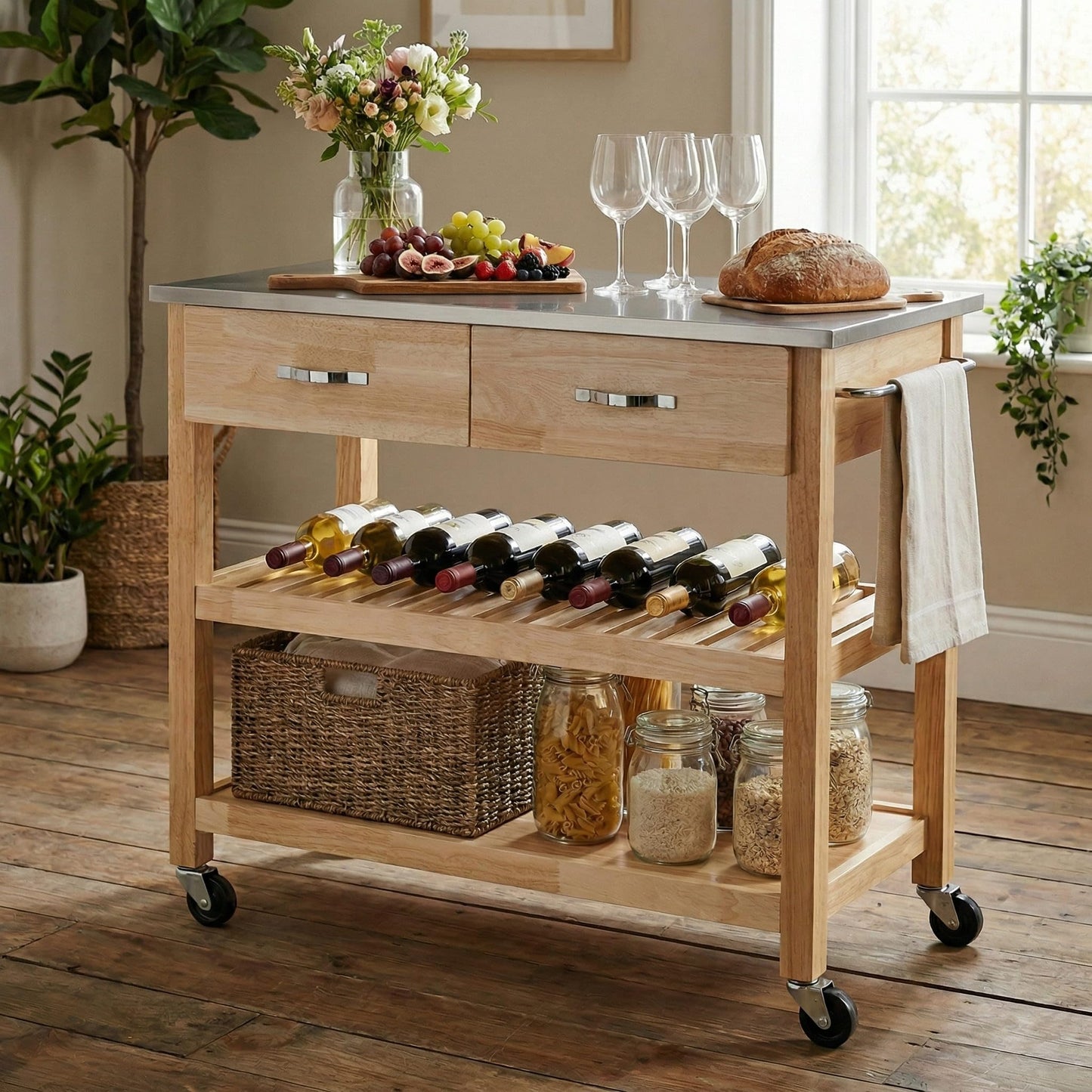 Casaphoria Amanda Collection Solid Wood Kitchen Island, 42" Butcher Block Cart with Stainless Steel Top & Locable Wheels, Prep Table for Small Spaces (Natural)