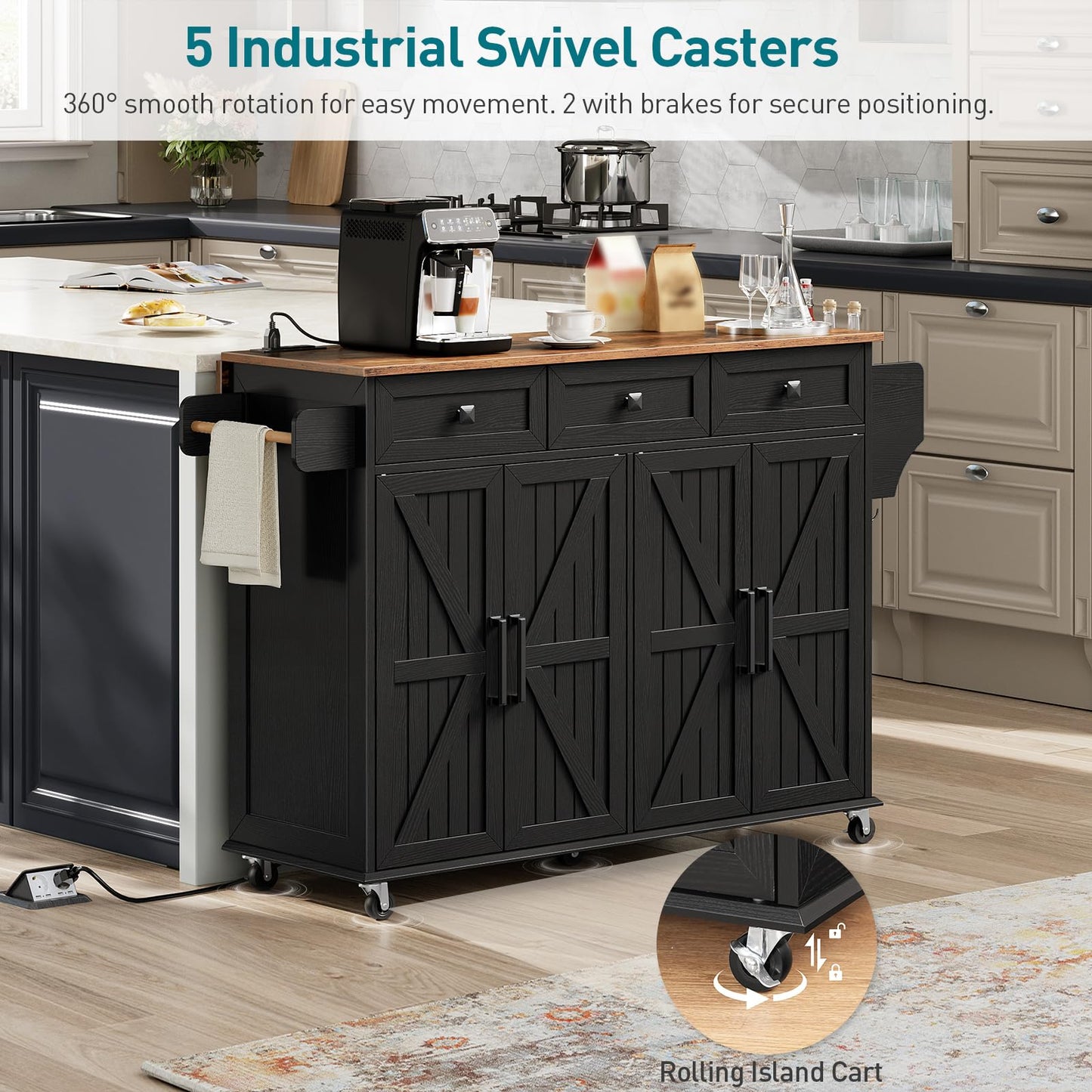 RALGEND Kitchen Island with Drop Leaf & Power Outlet, Rolling Kitchen Island Cart On Wheels, Barn Door Kitchen Island Table with Storage, Island Table for Kitchen, Black and Rustic Brown