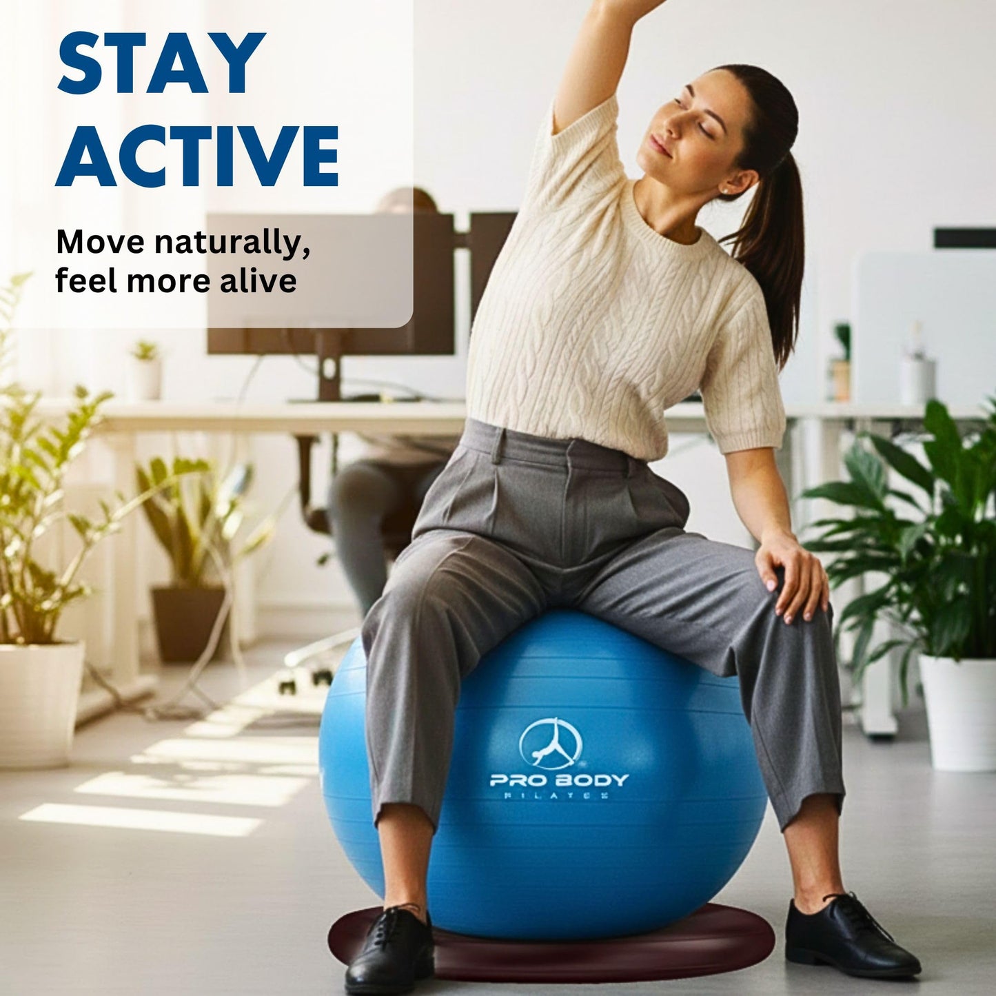 ProBody Pilates Yoga Ball Chair, Exercise Ball Chair with Base or Stand for Home Office Desk Sitting or Workout, 65cm Antiburst Balance Ball & Stability Ball Seat for Back, abs (Blue)