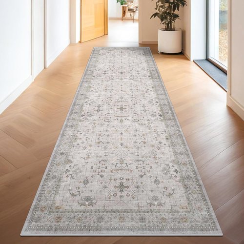 Hazo Haus Light Gray Kitchen Rug - Modern Boho Floral Design | Washable Non-Slip 10 ft Runner