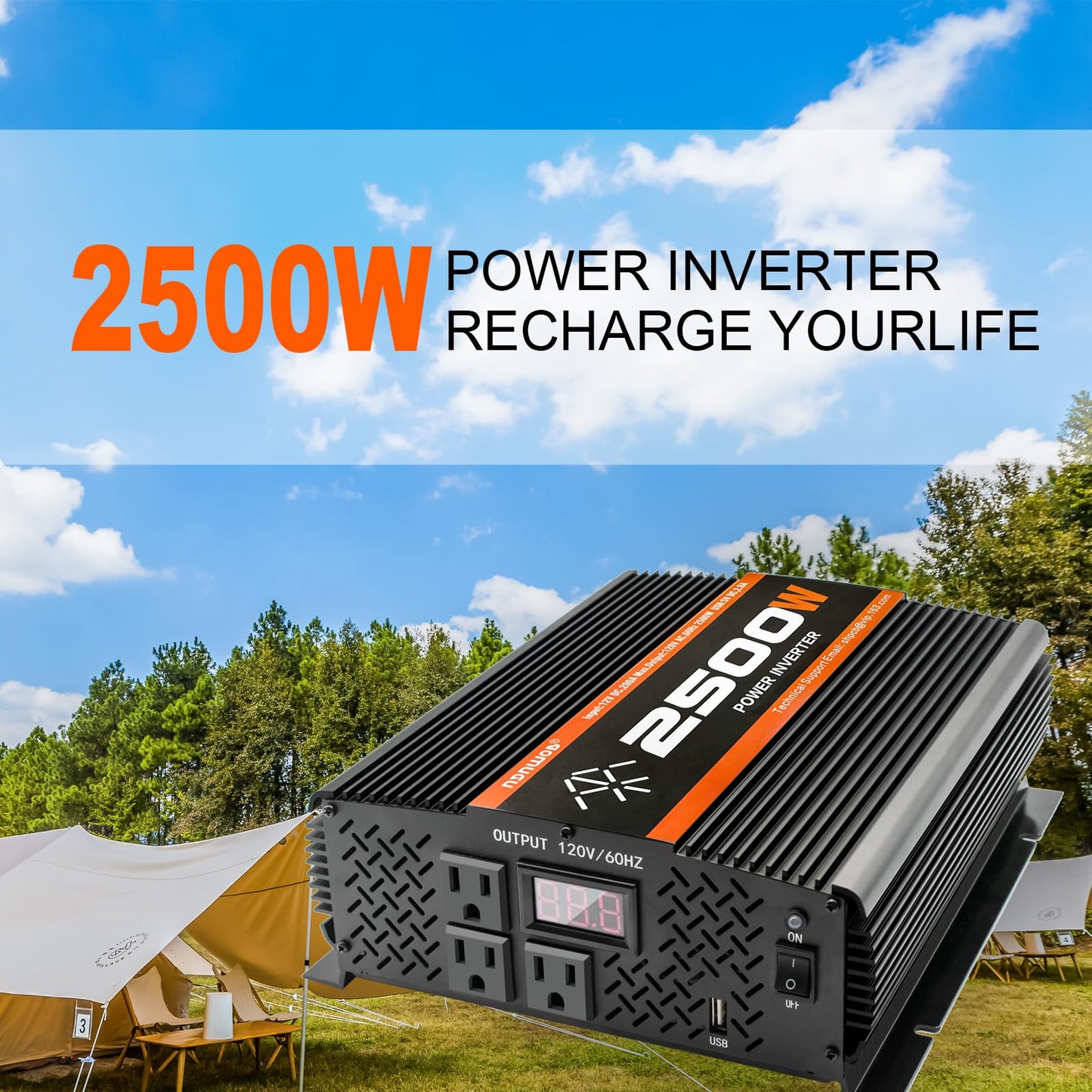 2500W Inverter 12V DC to 120V AC Converter for Home, RV, Truck, Off-Grid Solar Power Inverter with Built-in 5V/2.1A USB, AC Hardwire Port, Remote Controller