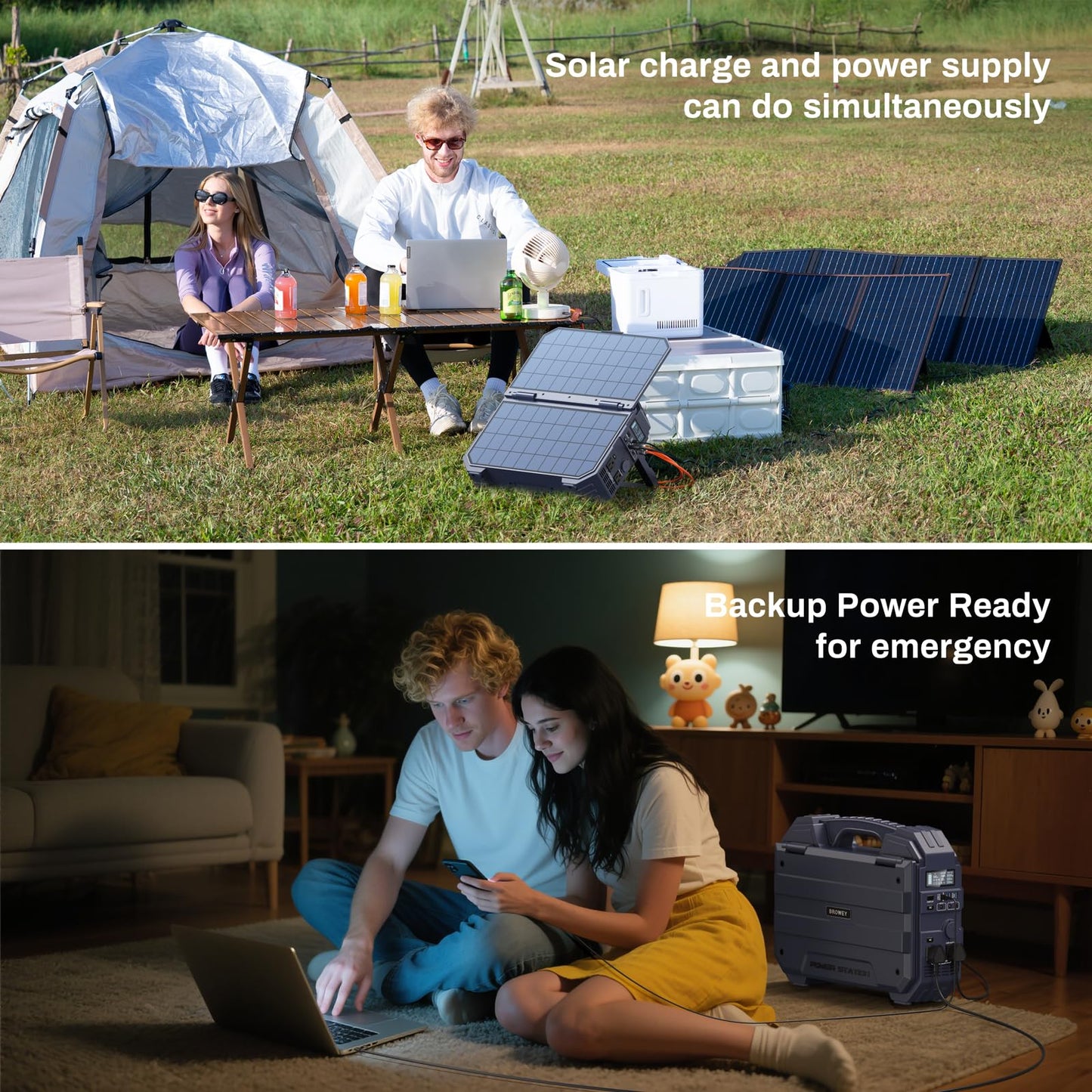 BROWEY 1600W (3200W Peak) Portable Power Station, 1024Wh LiFePO4 Battery with Built-in Solar Panel, 100W USB-C PD, Solar Generator for Camping, RV, Home Backup, Emergency (Dark Blue)
