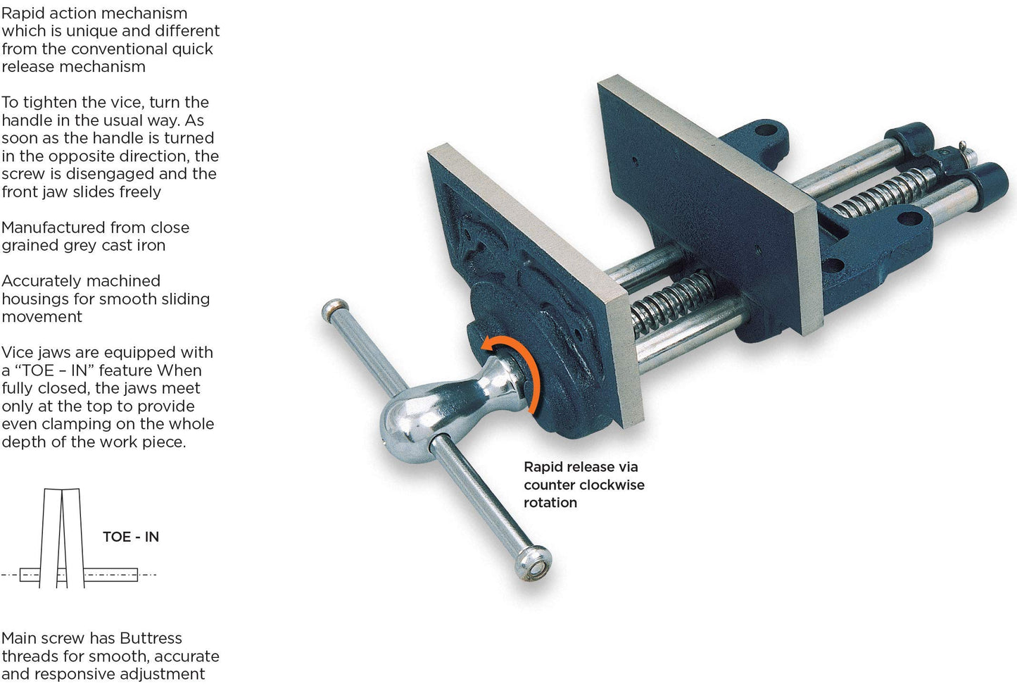 Groz 9" Rapid Action Woodworking Vise, 13-1/2" Jaw Opening, Buttress Thread Screw, Cast Iron Body with TOE-IN Jaws for Workbench Cabinet and Furniture Building (39012)
