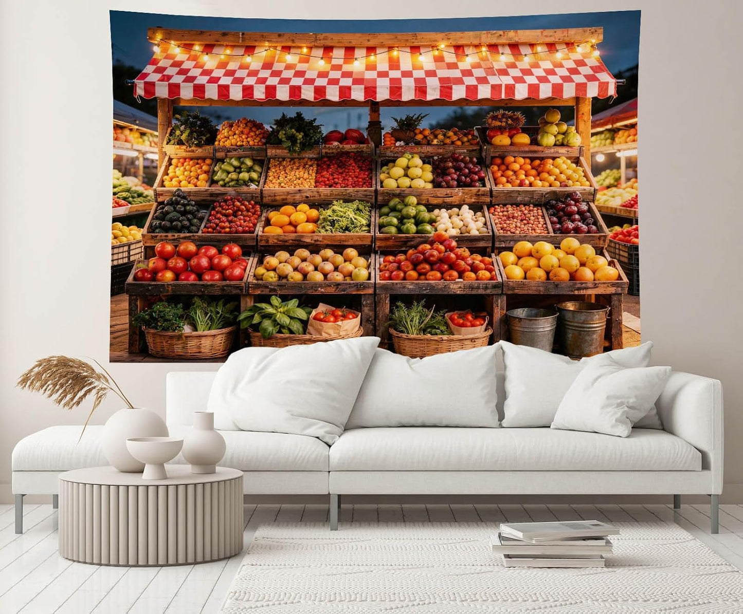 CHNYWORK 8x8ft Farmers Market Fruit Stall Photography Backdrop Red White Checkered Awning Fresh Produce Wooden Crates