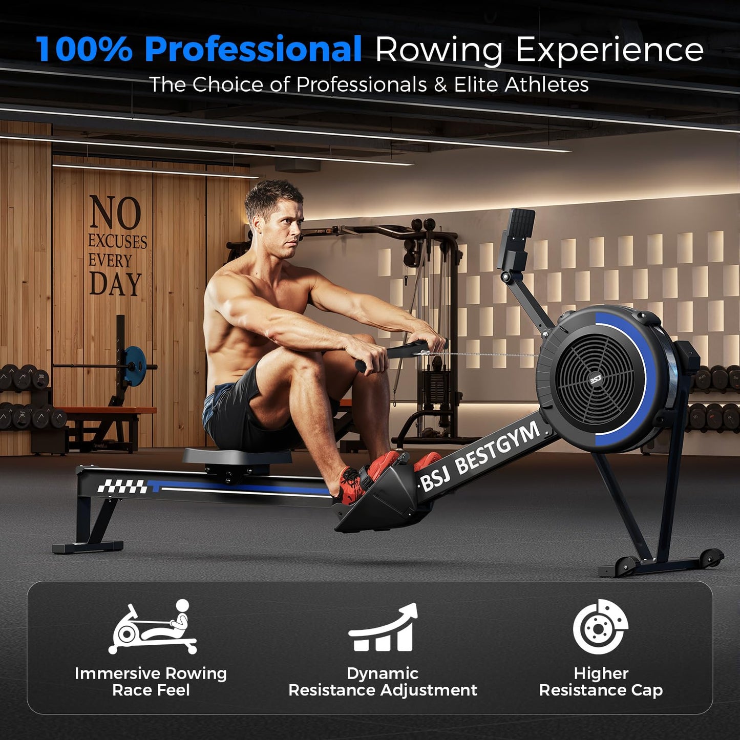 Rowing Machines for Home, Adjustable Air Resistance Rower Machine with Extra Long Rail, Ergonomic Comfort Seat, Device Holder, Easy Storage