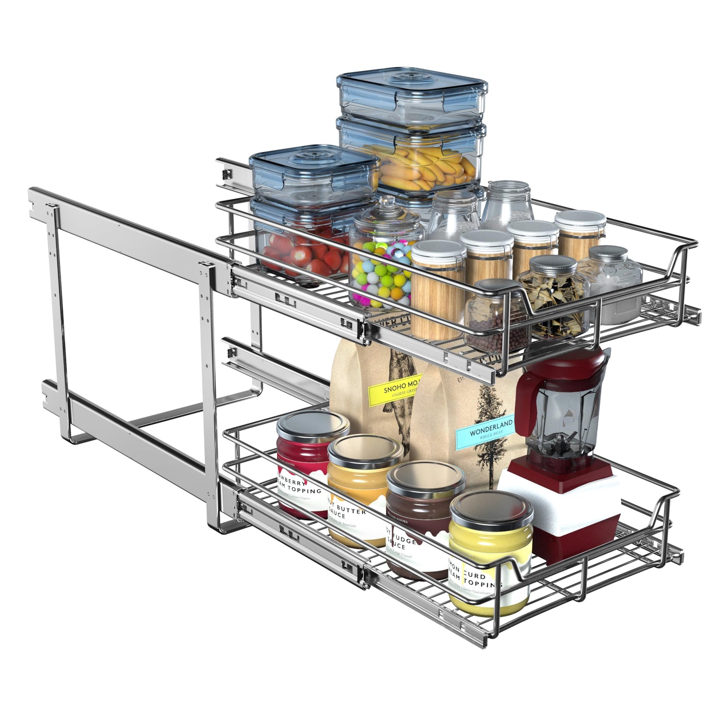 JOWBOOW 2-Tier Cabinet Pull Out Shelves (14" W x 22" D), Slide Out Shelves for Kitchen Cabinets, Metal Under Cabinet Roll Out Shelf