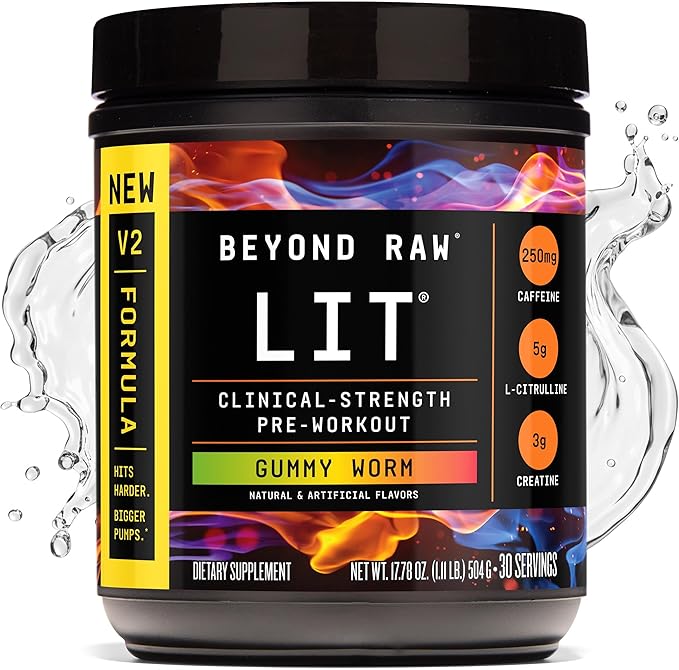 BEYOND RAW LIT V2 Clinical Strength Pre Workout Powder, Hits Harder, Bigger Pumps, Caffeine, L-Citrulline, Creatine, Gummy Worm, 30 Servings