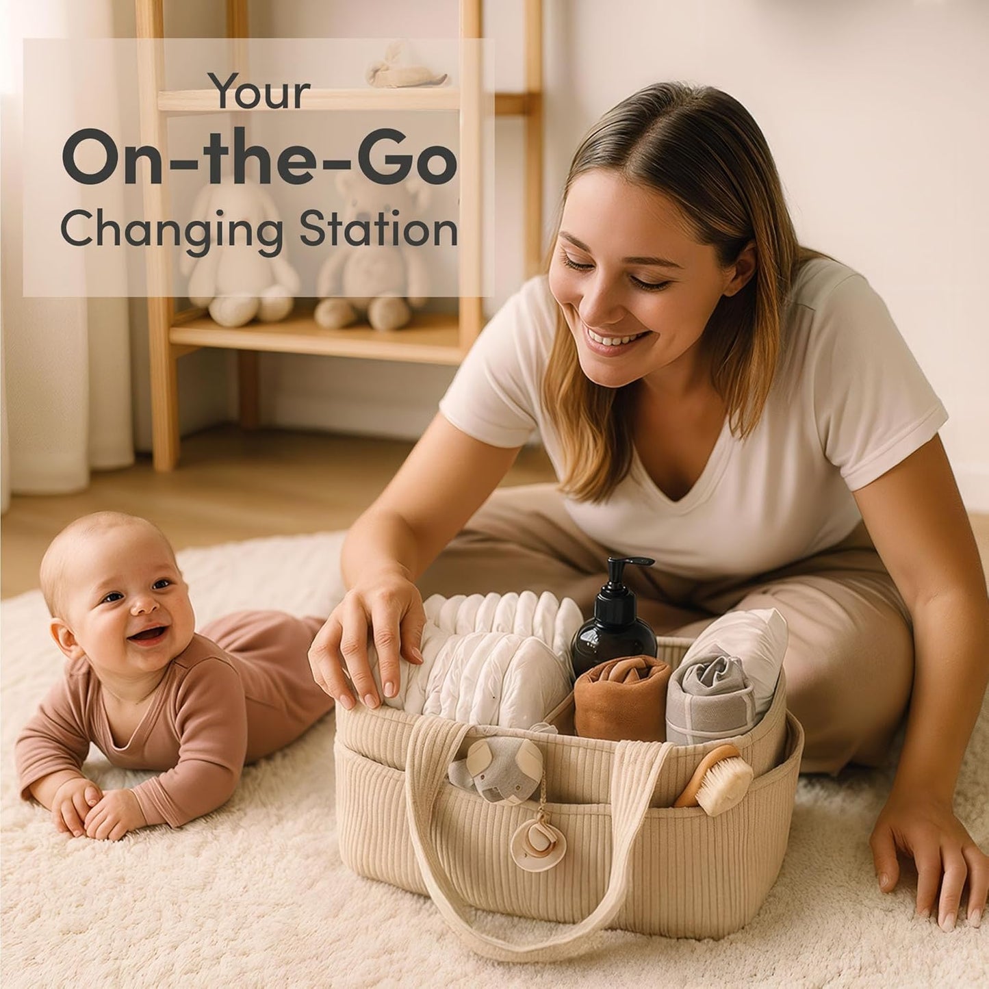 PUTSKA Baby Diaper Caddy Organizer - Stylish Nursery Storage Basket for Newborn Essentials | Corduroy Cream