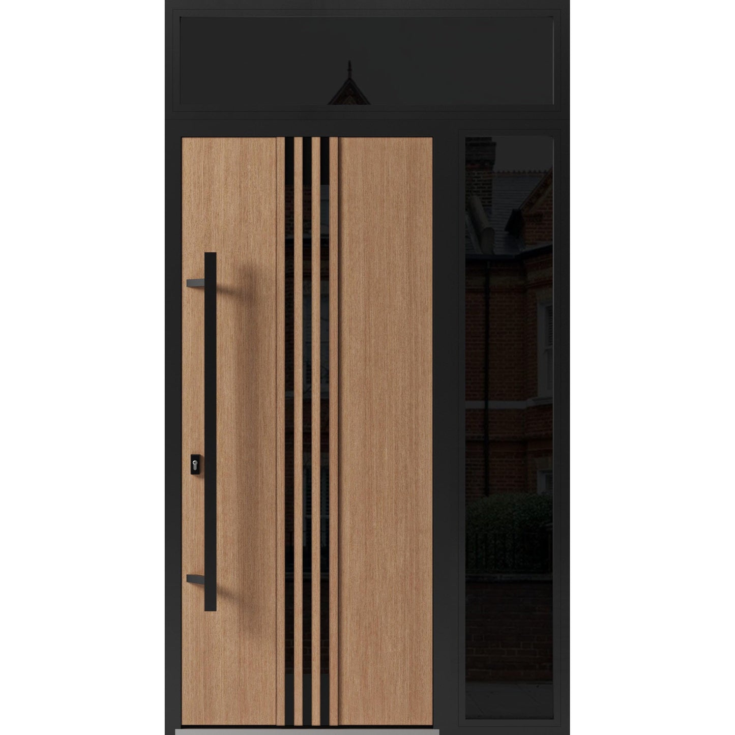 VDOMDOORS Front Exterior Prehung Steel Door/Ronex 1055 Teak/Side and Top Exterior Window Sidelite/Entry Metal Modern Painted W36+12" x H80+16" Right Hand Inswing