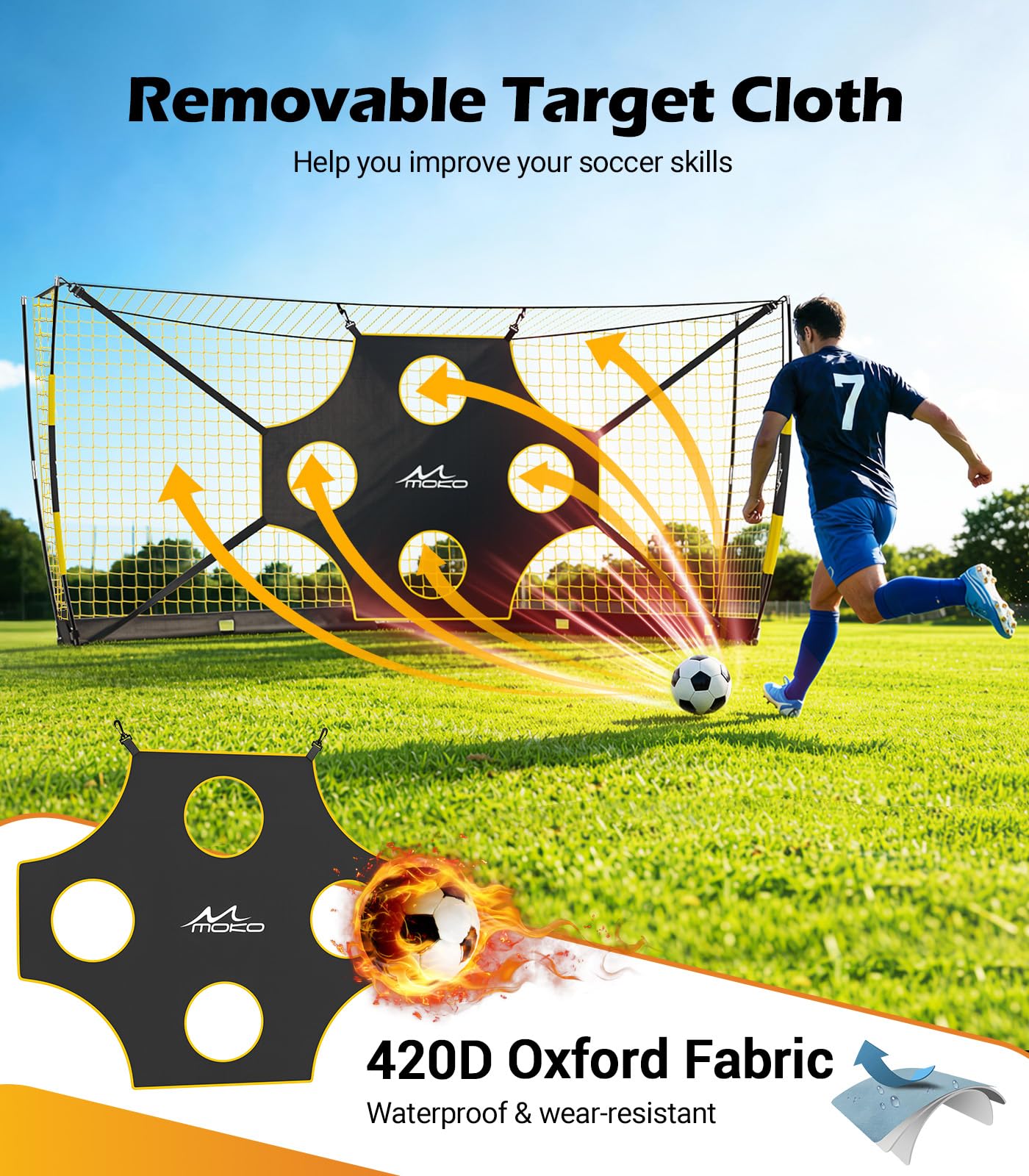 MoKo 12x6 FT Soccer Goal with Precision Target, Quick Setup Soccer Goals for Backyard Indoor & Outdoor, Portable Soccer Net Training Equipment with Foldable Base, Sturdy Ground Stakes & Carry Bag