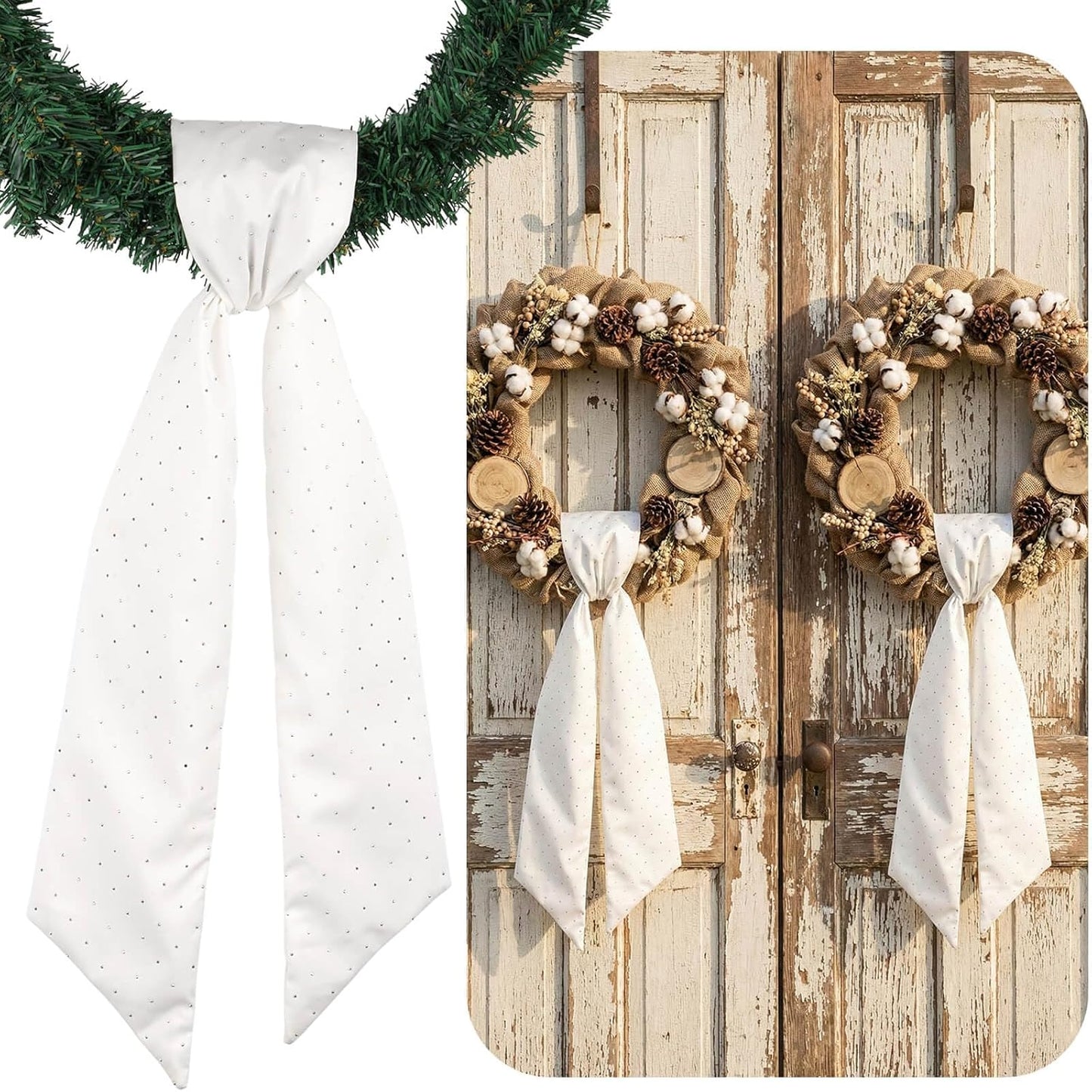 YKW Rhinestone Wreath Sash - 2 Pack White Sparkle Ribbon for Christmas & Wedding Decor | 54x5 Inch