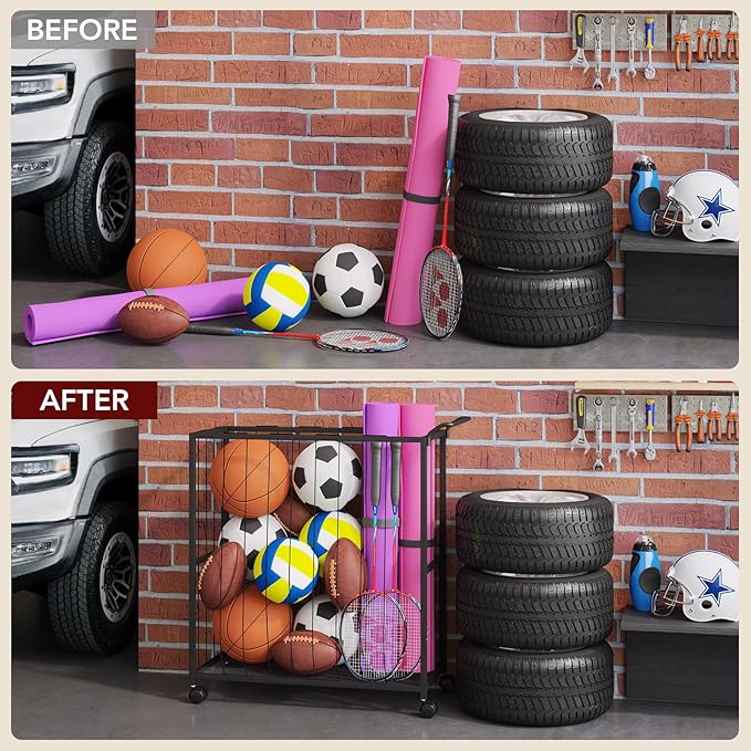Ball Storage Bin Rolling Sports Ball Cart, Metal Garage Organizer Sport Rack, Ball Basket Storage, Ball Cage for Garage or Gym, Indoor & Outdoor Sports Equipment Organizer Black
