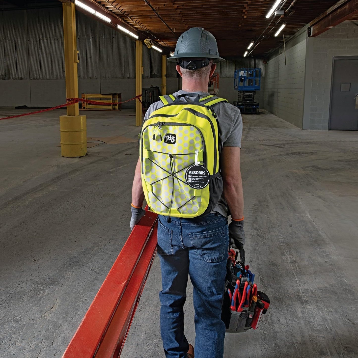 PIG Spill Kit | Portable Backpack | Absorbs up to 4.4 gallons | Hi-Viz Green | 12.6" W x 7.6" D x 18.5" H| PMB30629