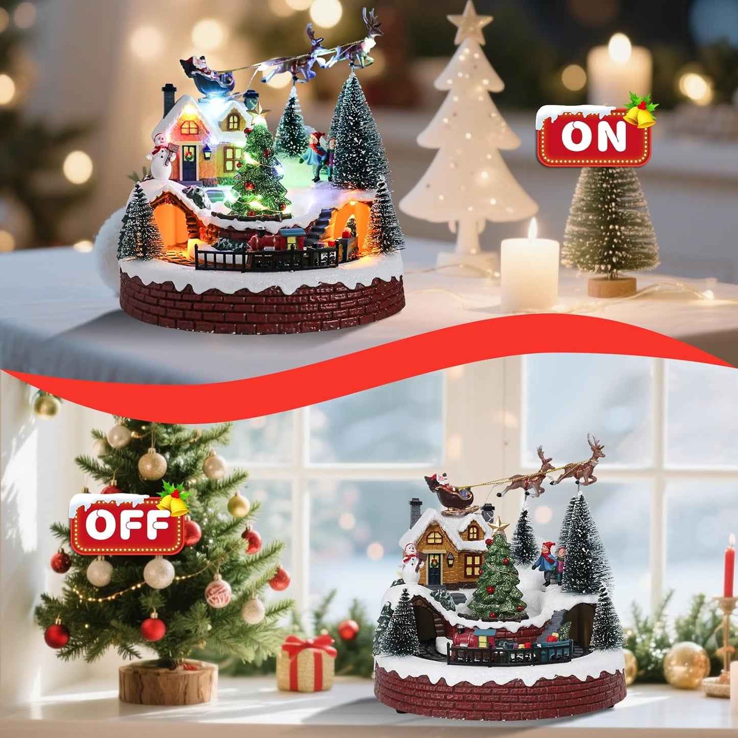 Vipush Christmas Village House Decorations - Resin Train Set with LED Lights & 8 Holiday Songs | Flying Santa Figurines