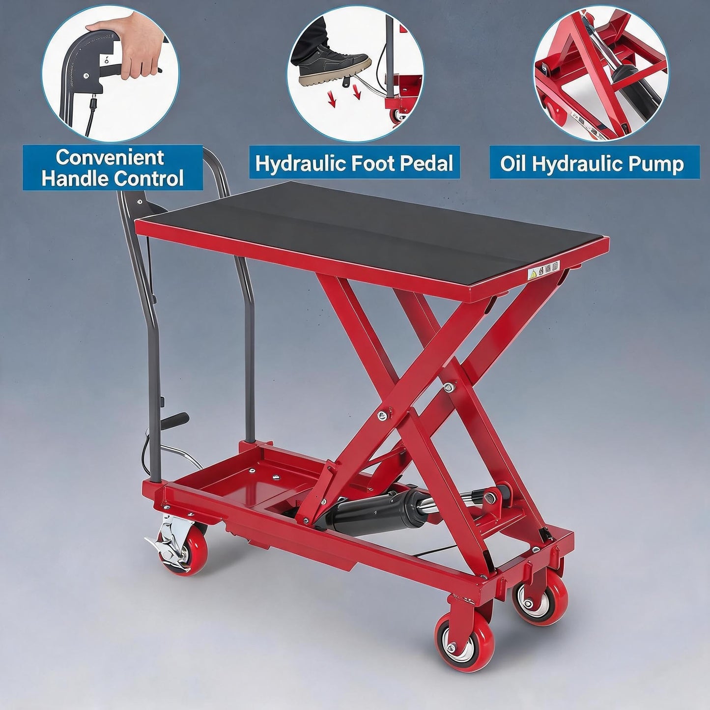 Garvee Hydraulic Lift Table Cart, 1100 LBS Capacity 32" Lifting Height Single Scissor Lift Table with 4 Wheels & Non-Slip Pad, for Material Handling and Transportation, Red