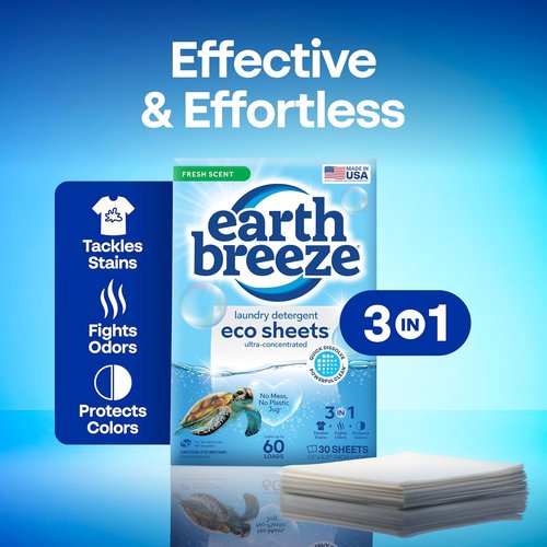 Earth Breeze Laundry Detergent Sheets - Fresh Scent, Eco-Friendly & Travel-Friendly | 60 Loads, 30 Ct