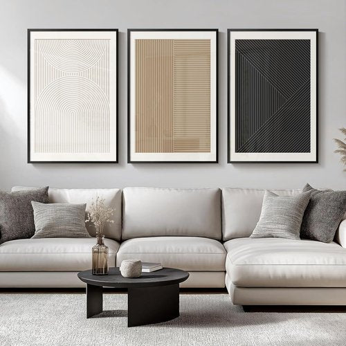 Framed Modern Black and White Abstract Wall Art | Set of 3 Minimalist Canvas Prints 24x36 Inch