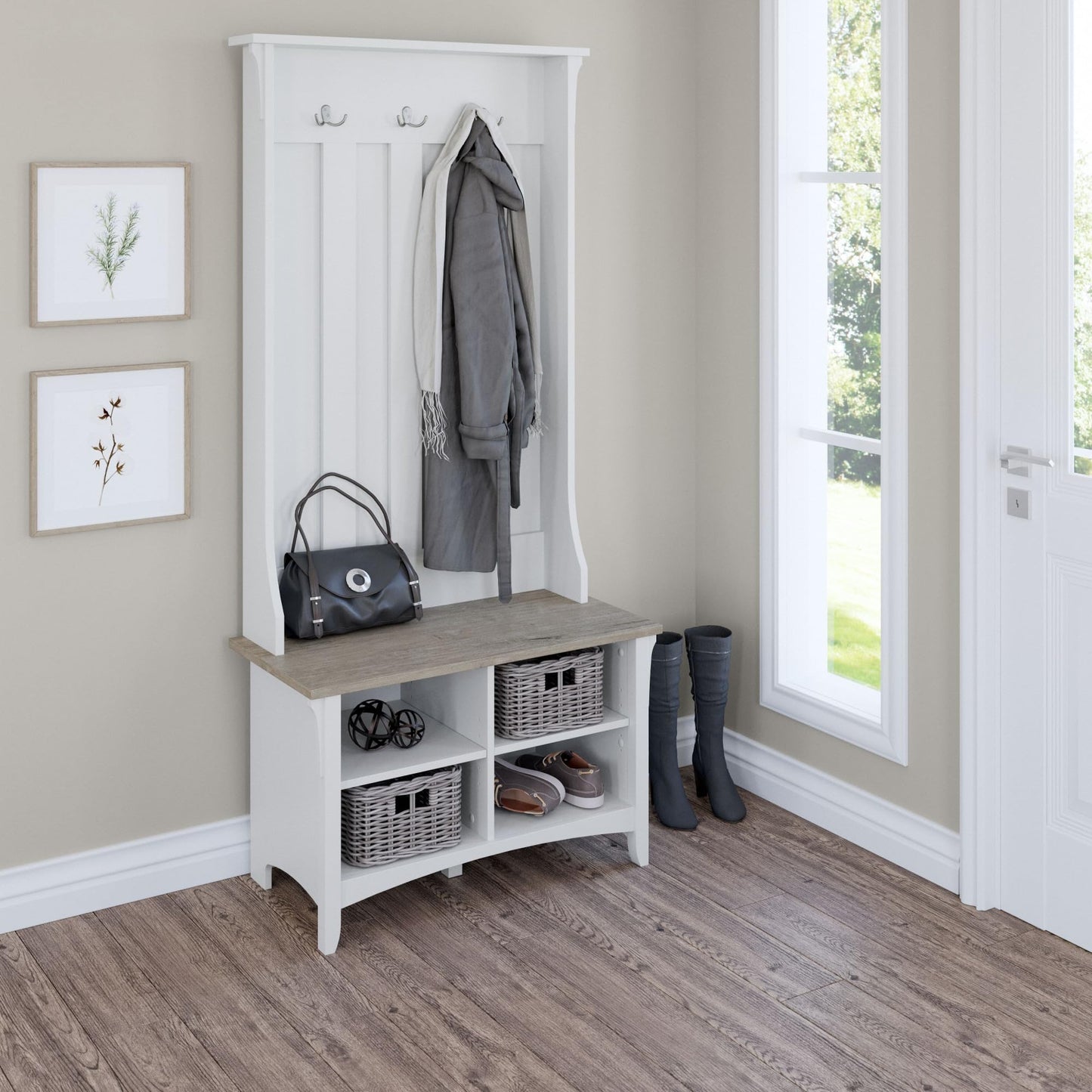 Bush Home Salinas Hall Tree with Shoe Storage Bench in Shiplap Gray and Pure White, Multi-Purpose Home Organizer, Entryway Solution with Seating and Hooks