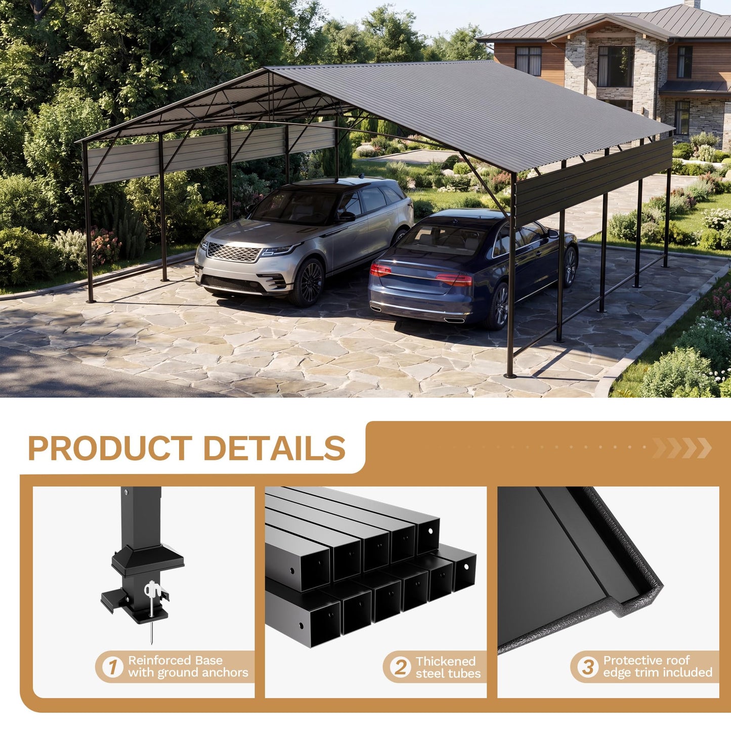 Patiowell 20x20 FT Metal Carport, Heavy Duty Oversized Carport with Reinforced Frame and Galvanized Steel Roof, All-Weather Garage Car Port Shelter for 2 Cars, Trucks, Boats and Tractors, Black