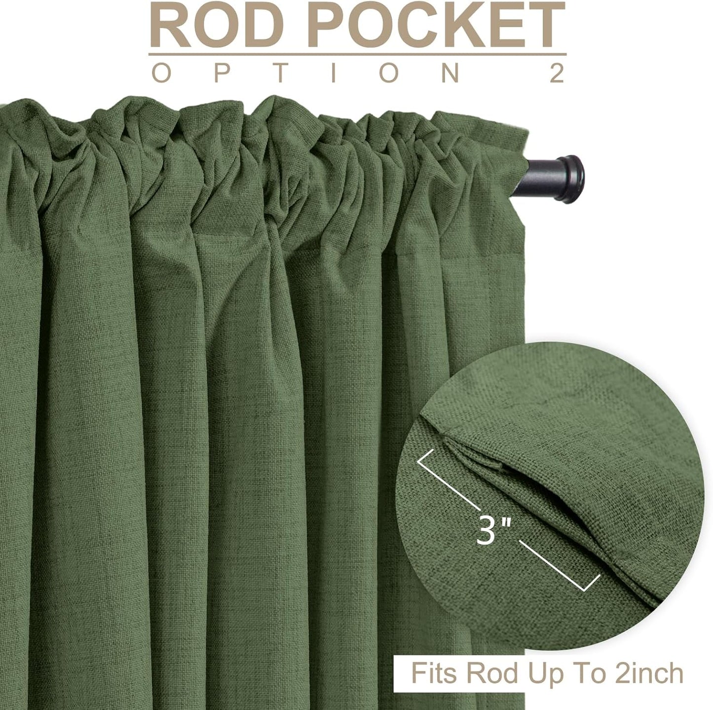 Skiennix 100% Blackout Olive Green Linen Curtains - Thermal Insulated Drapes, 2 Panels Set, 50" W x 96" L