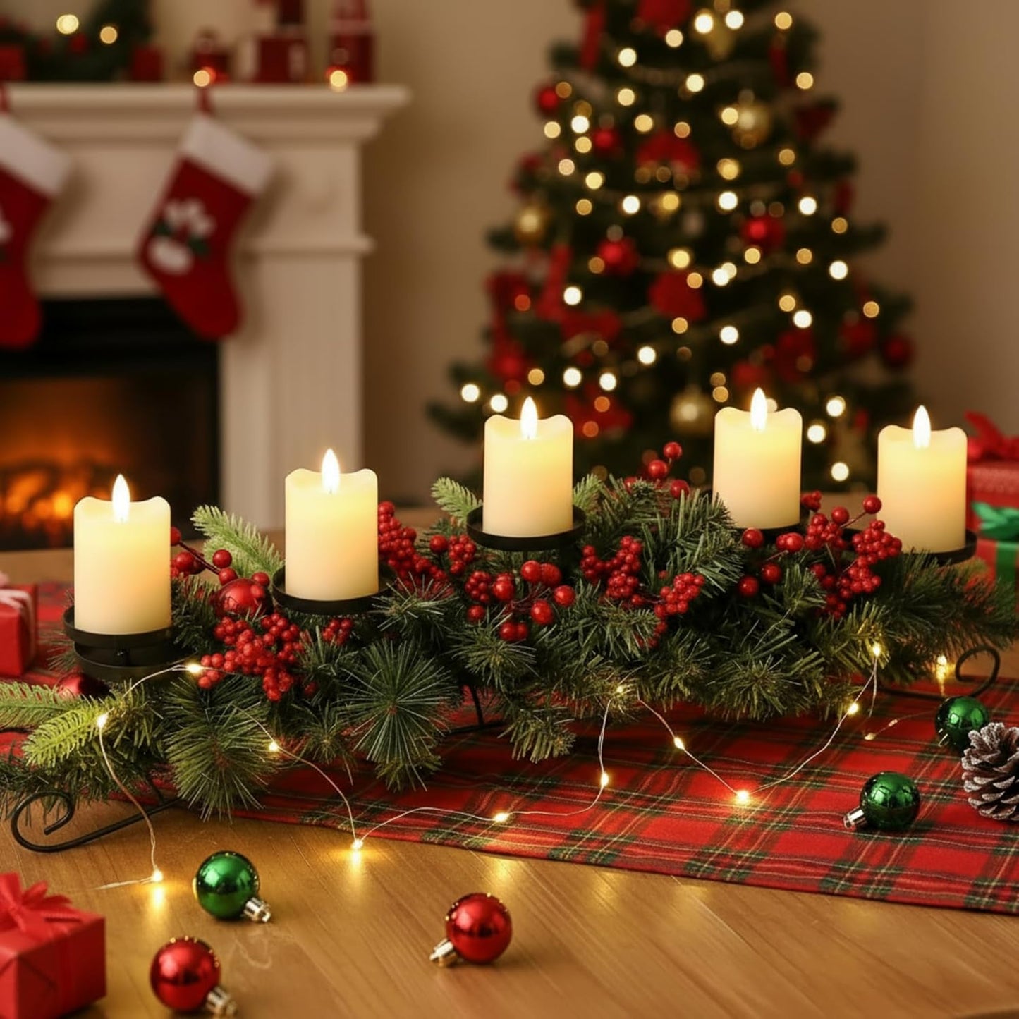 Yungyan Christmas Tabletop Centerpiece - 30 Inch with 5 Candle Holders, Norfolk Branch & Red Berries
