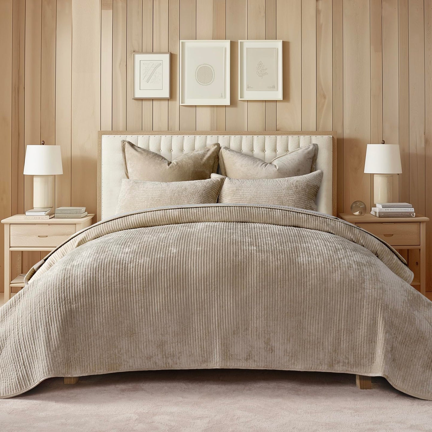 EverGrace Velvet Quilt Set Queen Size, Luxurious Soft Quilted Bedding Sets, Lightweight Velvet Comforter for All Season, Striped Channel Bedspread Coverlet with 2 Shams, Urban Taupe
