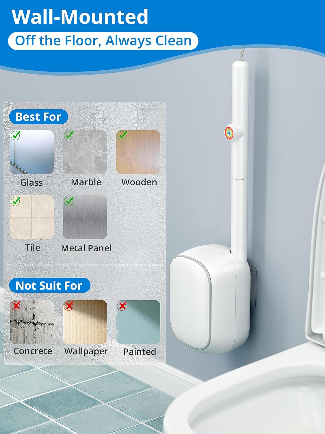 Regine Switzerland Disposable Toilet Cleaner Wand Set - Wall Mounted Brush Kit with 12 Refill Heads for Hygienic Bathroom Cleaning