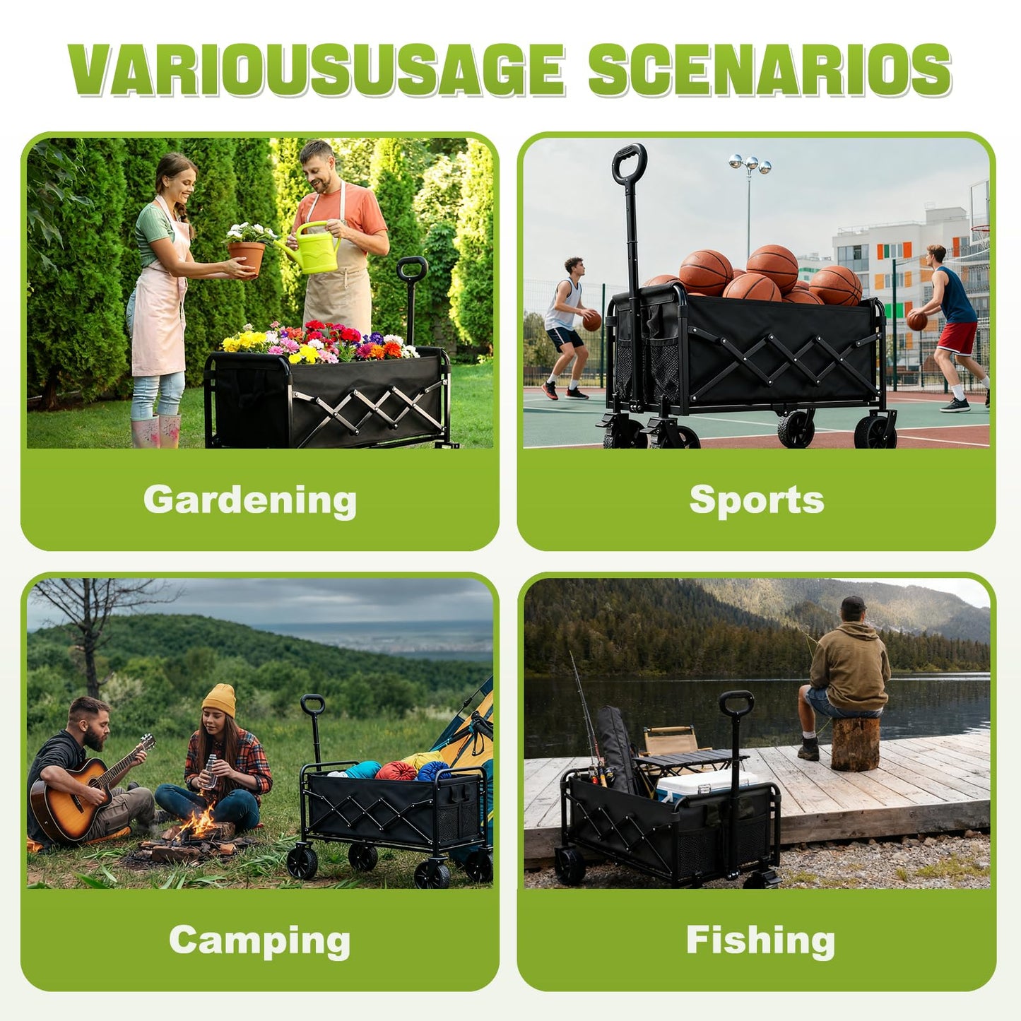 Collapsible Folding Wagon Cart with Wheel - 360LBS Heavy Duty Foldable Wagon Carts with All Terrain Wheels & breakes, Portable Lightweight Wagon Cart for Sports/Groceries/Camping/Fishing/Gardening