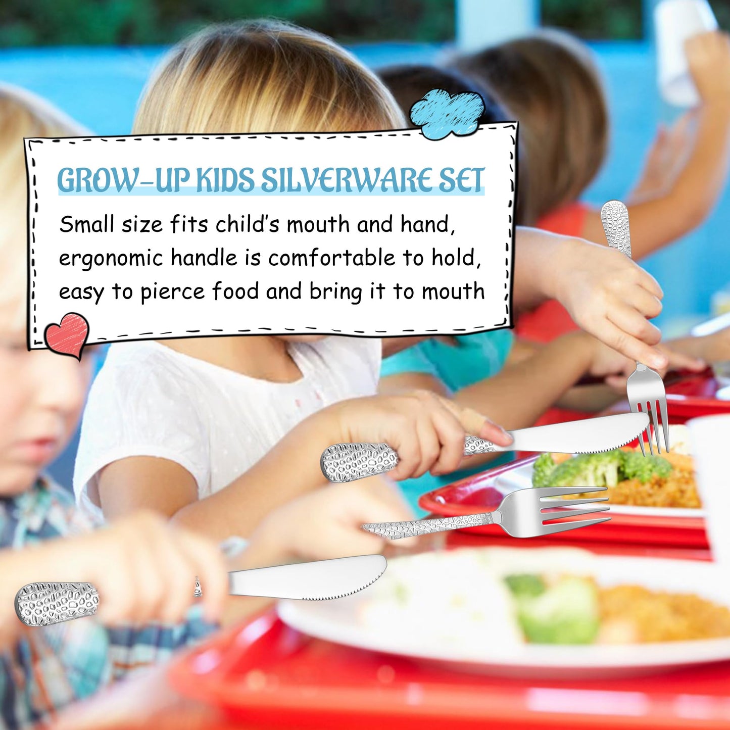 E-far 12-Piece Kids Silverware, Stainless Steel Toddler Preschooler Utensils with Adult Look, Hammered Flatware Includes 4 Forks 4 Spoons 4 Knives, Safe for Self Feeding, Non-Toxic & Dishwasher Safe