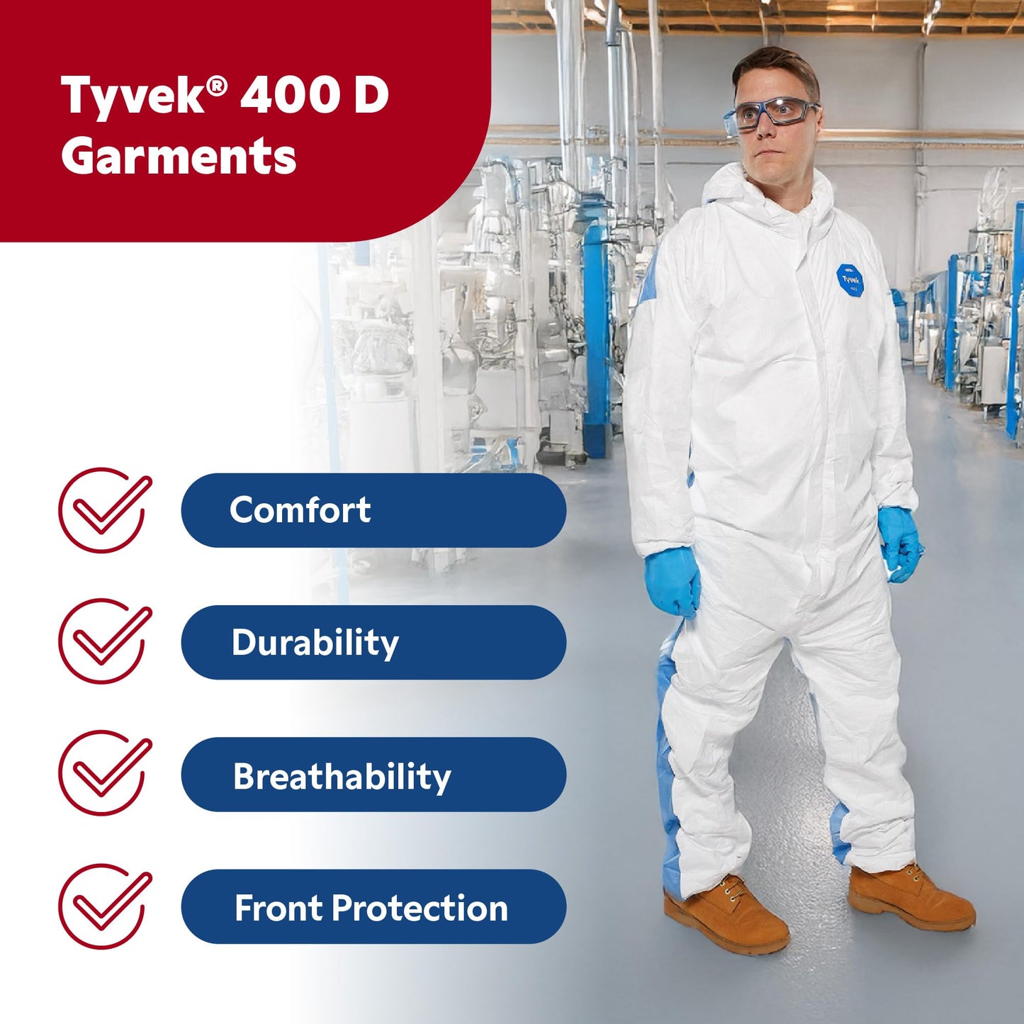 DuPont Tyvek 400D TD127S ProShield Protective Coverall with Zipper Front, Hood and Elastic Cuffs, White/Blue, 3X-Large (Pack of 25)