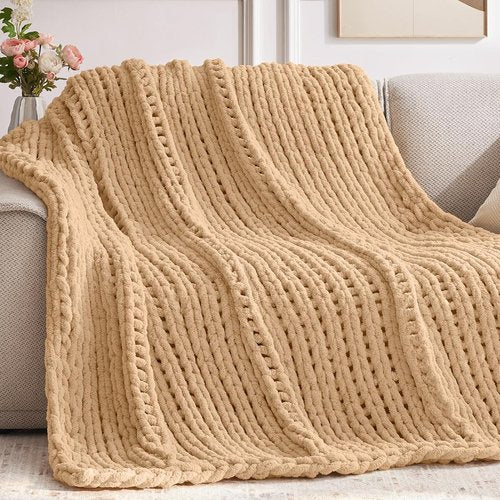 Negwoo Chunky Knit Throw Blanket - Handmade Beige Chenille Yarn | Cozy 30'' x 40'' Size for Home Decor