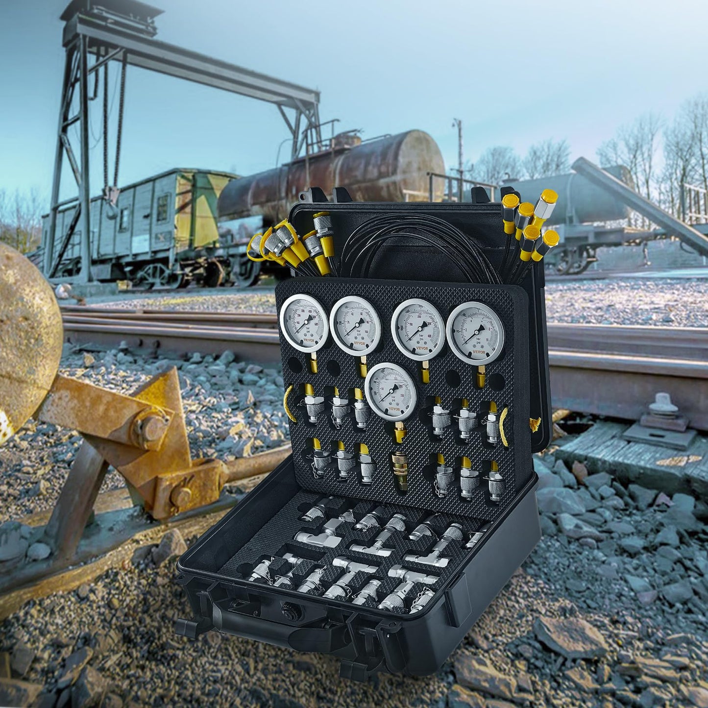 VEVOR Hydraulic Pressure Test Kit, 10/100/250/400/600bar, 5 Gauges 13 Test Couplings 14 Tee Connectors 5 Test Hoses, Hydraulic Gauge Kit with Sturdy Carrying Case, for Excavator Construction Machinery