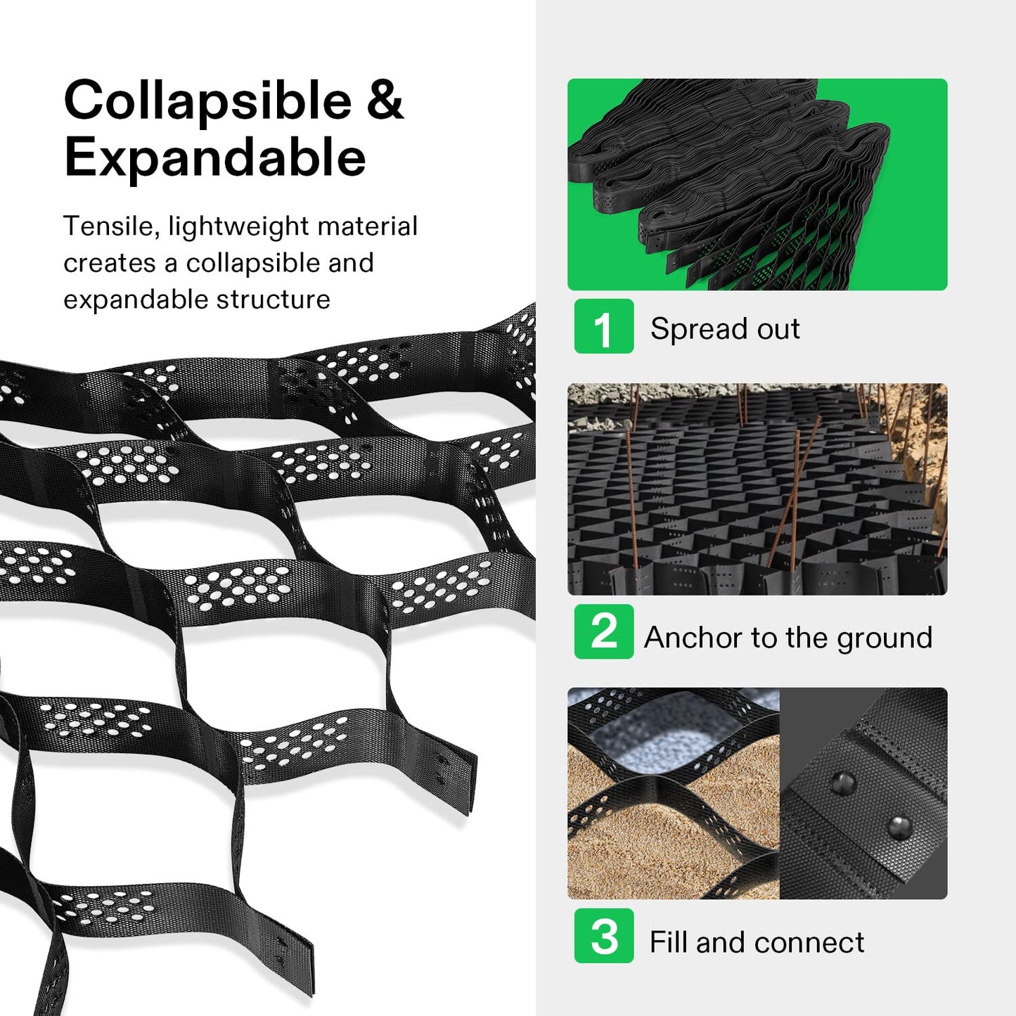 VIVOSUN 3’’ Depth Ground Grid, 9x17 ft, High-Density HDPE Geo Cell, 1885 lbs per sq ft Load, Foldable & Tensile, Easy Installation with Gloves, Perfect for Gardens, Driveways, Pathways