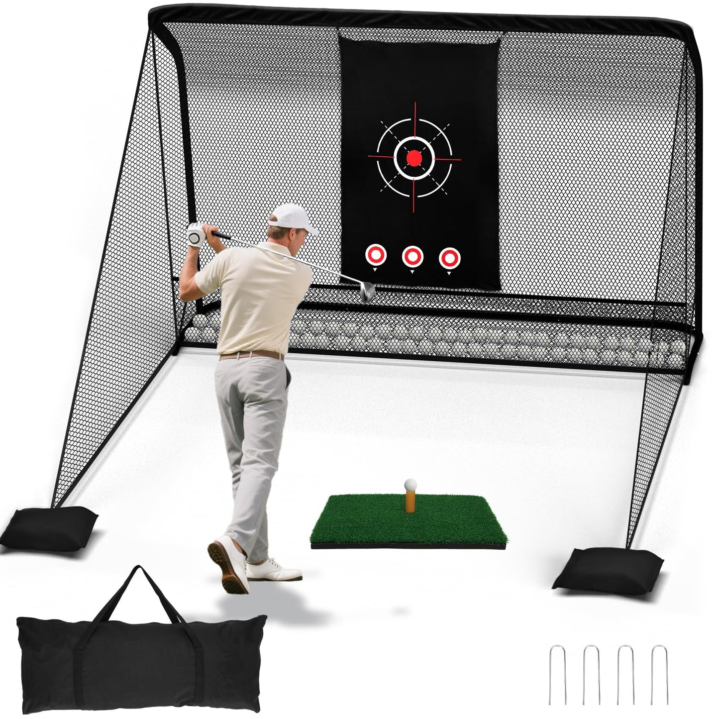 10x7ft Golf Hitting Practice Net for Real Golf Balls, Heavy Duty Driving Training Cage with Reinforced 7-Layer Mesh & Mat, Portable Backyard Net for Indoor Outdoor to Improve Your Swing