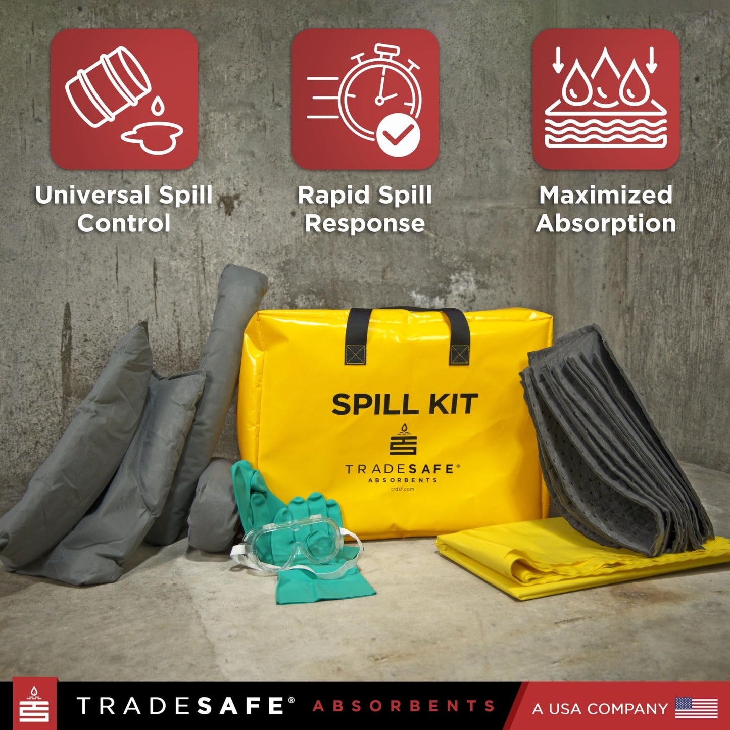 TRADESAFE Universal Spill Kit OSHA Approved - Portable Spill Kit Bag for Emergency Response, 7-Gallon Capacity, Spill Absorbent Pads, Spill Socks, Pillow, Gloves, Goggles, Hazmat Bags, 19 Pieces