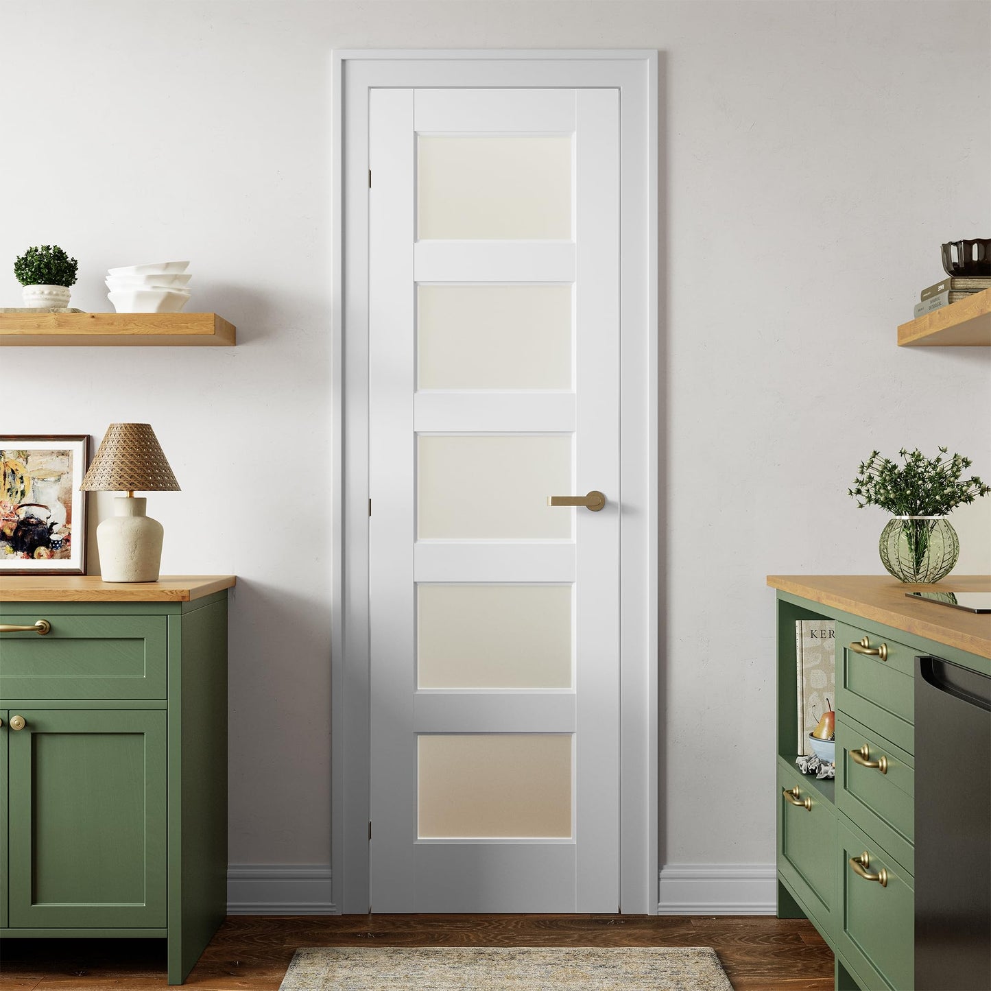 SMARTSTANDARD 5-Panel Frosted Glass Interior Door Slab, 24" x 80" Slab Door for Pantry Pocket Laundry Bathroom French, Solid Core Pre-Assembled Panel Without Hardware, White