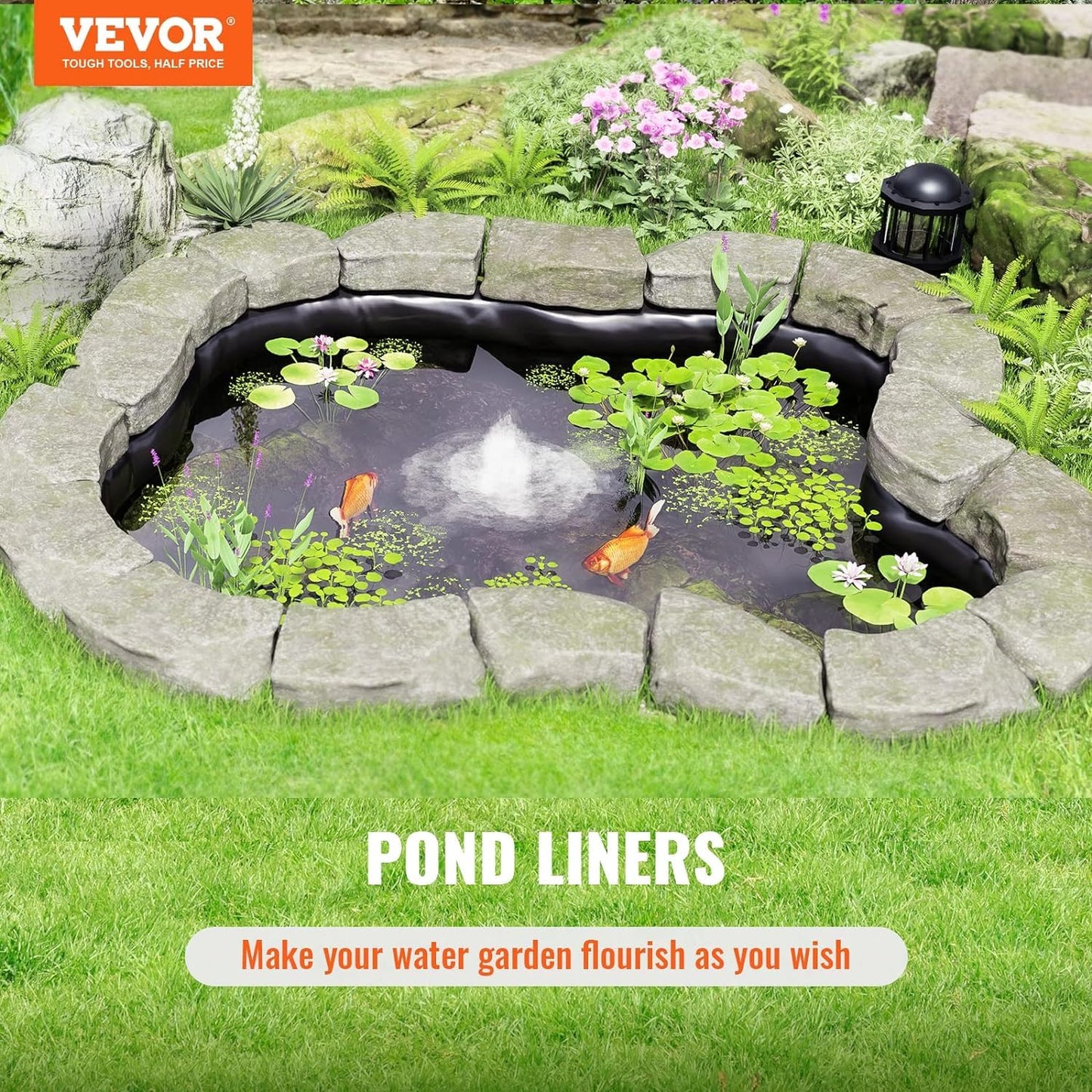 VEVOR 20 x 25 ft Pond Liner, 45 Mil Thickness, Pliable & Durable EPDM Material, Easy Cutting Underlayment for Fish or Koi,Waterfall, Fountains, Water Gardens, Black