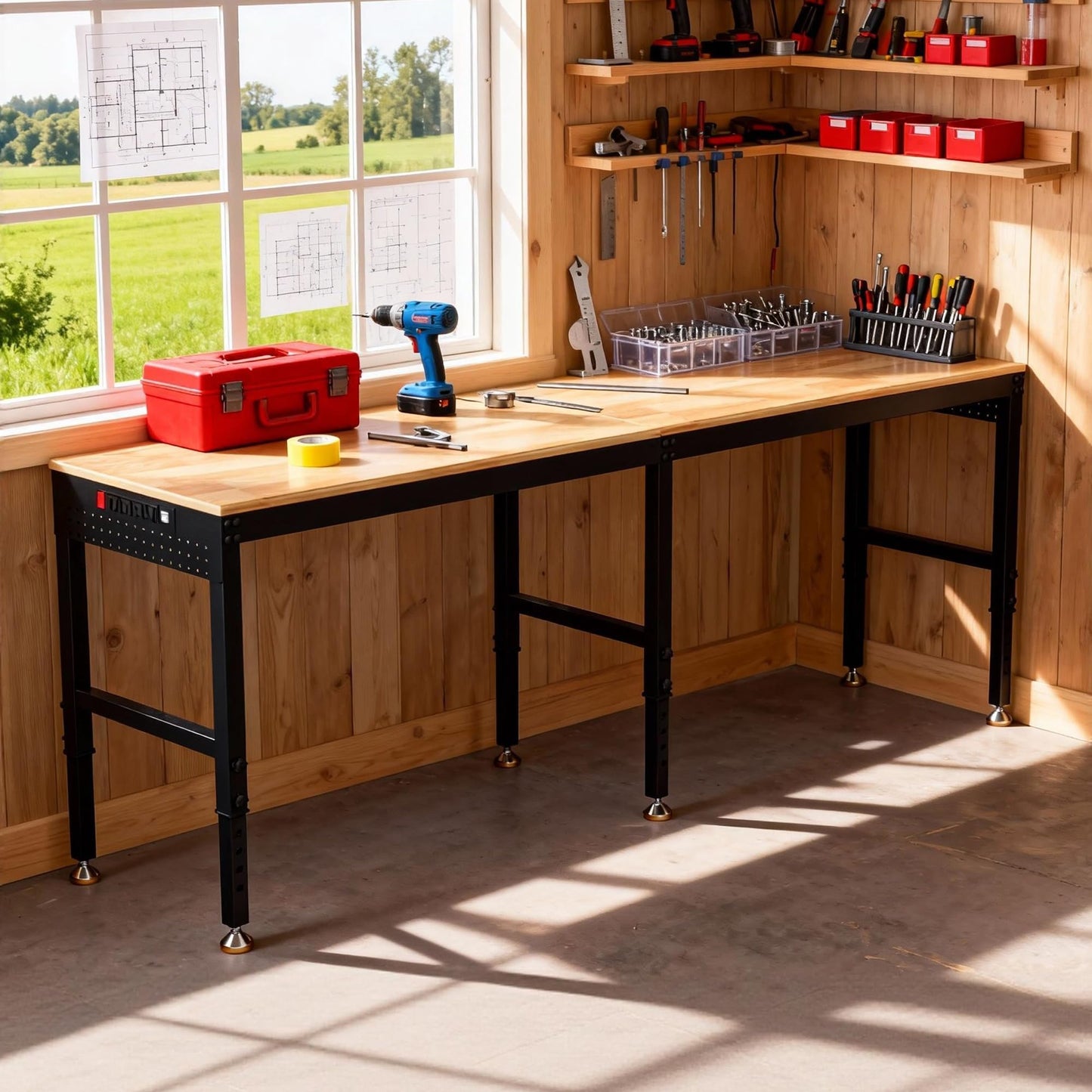 Betterhood 96" 2-in-1 Convertible Adjustable Workbench, L-Shaped & Extended 5000 LBS Heavy Duty Work Table with Power Outlets & Pegboard, Rubber Wood Workstation for Garage, Workshop