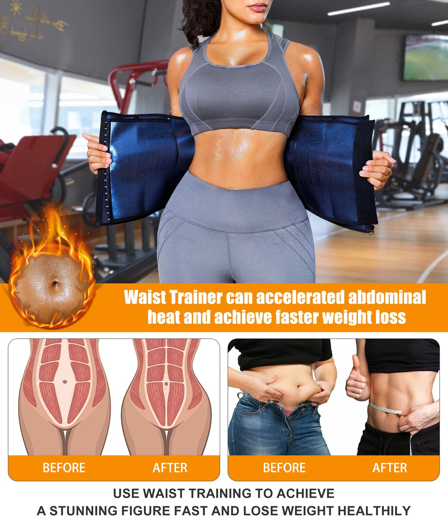 LEINIDINA Womens Waist Trainer Corset with Zipper Sweat Waist Trimmer for Women Workout Belt Corset Shapewear Black