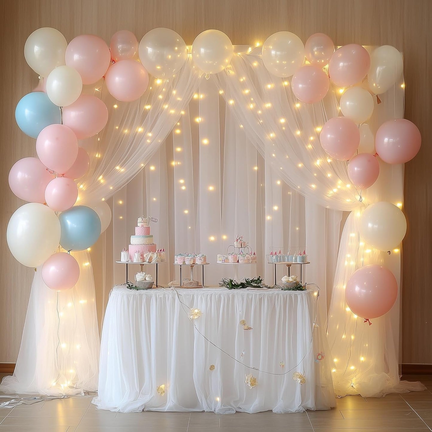 10FT 10FT (2 5x10FT) Tulle Backdrop Curtain with Lights String X White Sheer Tulle Backdrop Curtains for Wedding