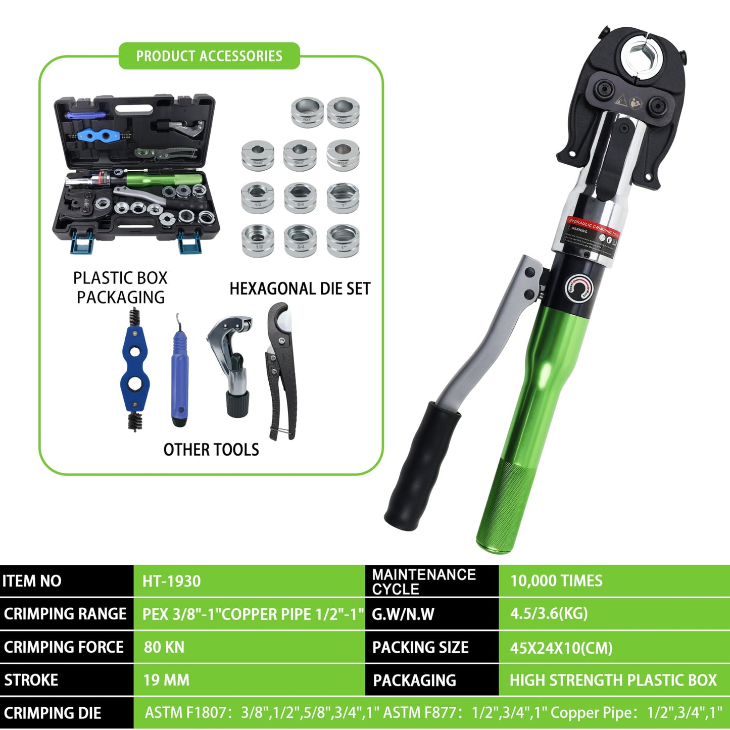 AMZCNC Pipe Press Tool with1/2,3/4,1" Dies for Copper Pipe and F877 Stainless PEX Press Sleeves,3/8",1/2",5/8",3/4",1" Dies for ASTM F1807 Pex Pipe Copper Ring Pipe Fittings Crimping Tool