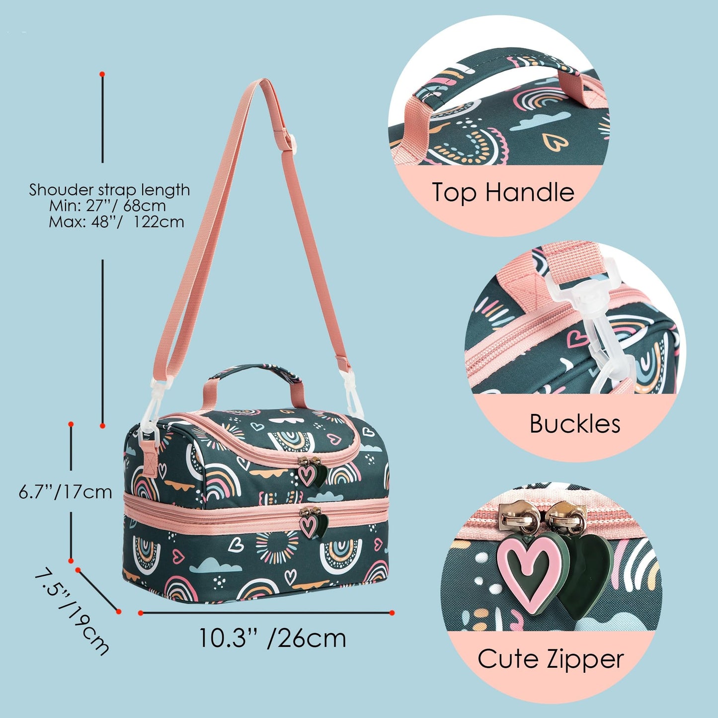 Life on track Insulated Kids Dual Compartment Lunch Bags Tote Pack for Girls Boys Toddler Kindergarten School Picnic Cooler Thermal Lunch Boxes with Strap (Green Rainbow)