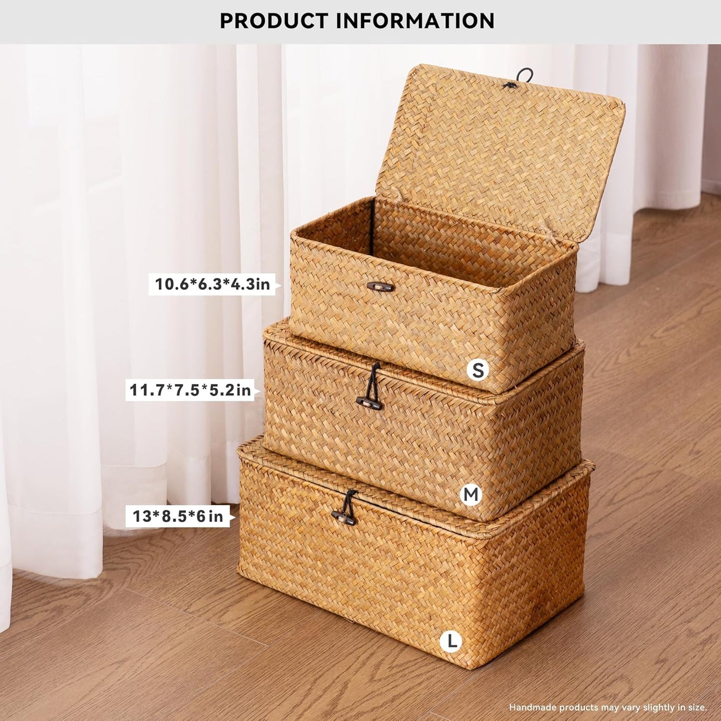 Nonam Storage Basket Set of 3 - Natural Seagrass Bins with Lids for Boho Home Organization