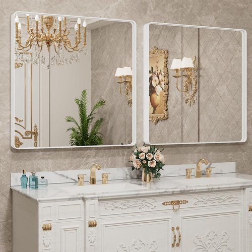 LOAAO White Metal Framed Bathroom Mirror - 30x30 Inch Large Rounded Rectangle, Anti-Rust, Tempered Glass