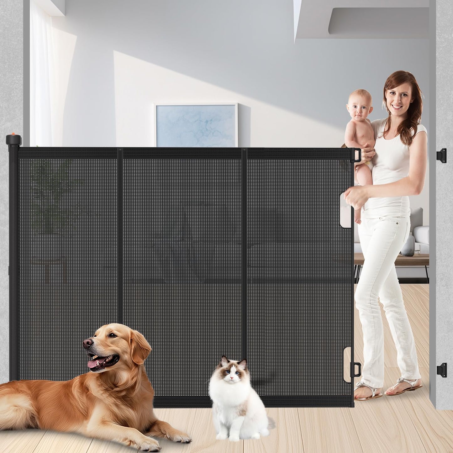 Extra Tall Retractable Baby Gates: 51" Tall Pet Gate, Extend up to 120" Wide, Mesh Baby Gate with Support Rods Jump-Proof Design for Cats & Large Dogs High Dog Indoor Outdoor, Black