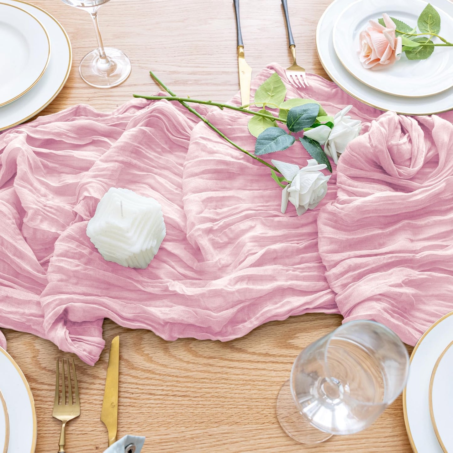 Wokceer Cheesecloth Table Runner 4Pack 10FT Blushing Pink Christmas Gauze Cheese Cloth Table Runner for Party Easter Rustic Sheer Table Runners for Baby Bridal Shower Wedding